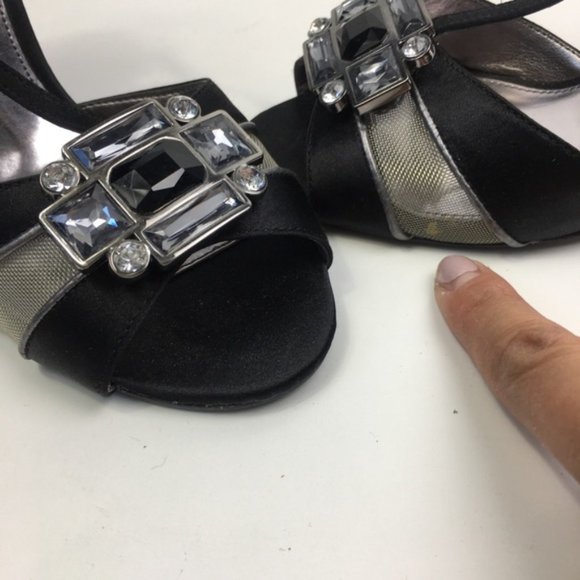Nina Black/Silver Satin Jewel Heel Peep-Toe Pumps - Picture 6 of 12